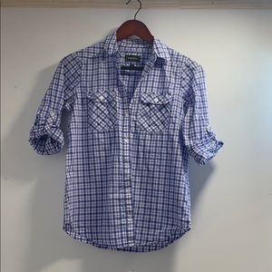 Express Blue Plaid Button-up Blouse
